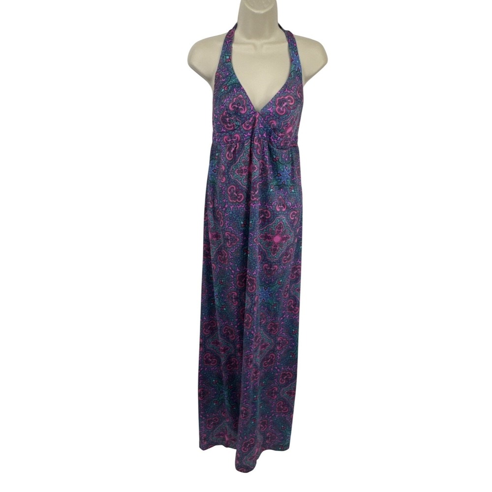 Vintage High Tide California 70s Hawaiian Maxi Dress XXS Purple Retro Polyester